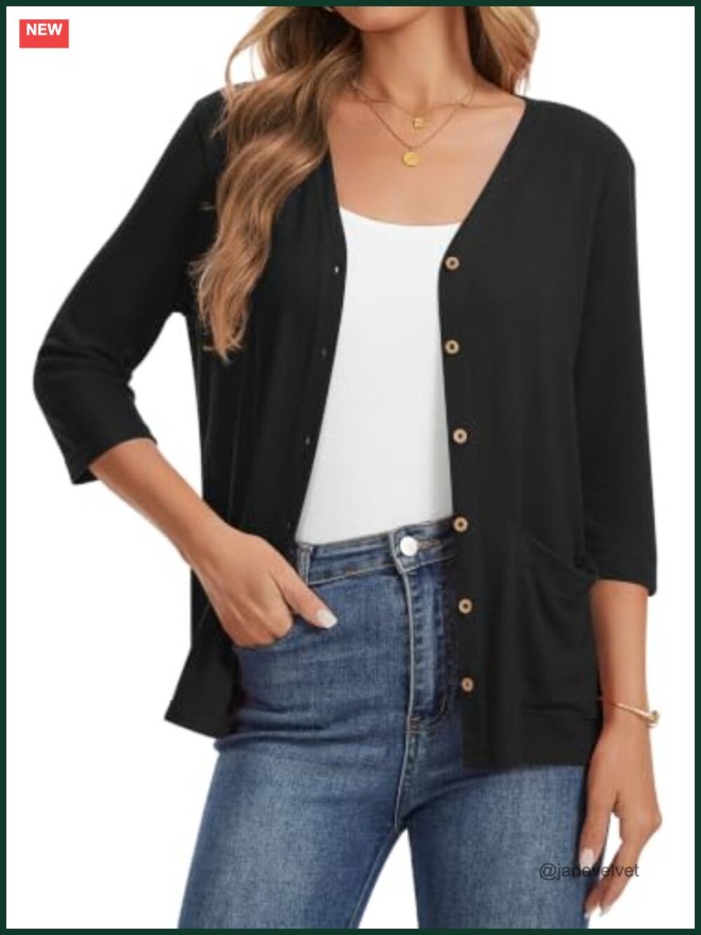 Lightweight V-Neck 3/4 Sleeve Button Cardigan with Pockets for Women